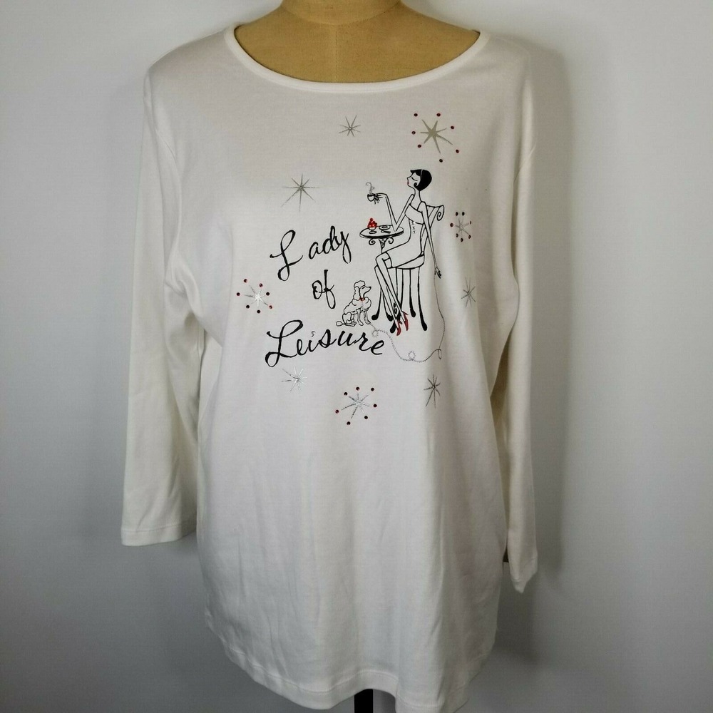 Nicole‎ Miller Women's Pullover 1XL White 3/4 Sleeve "Lady of Leisure" Graphic